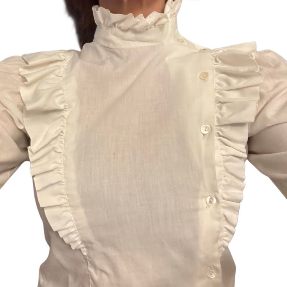 Vintage 70s Prairie Victorian Ruffles Puff Sleeve High Neck Bib Cottagecore M - Picture 3 of 16